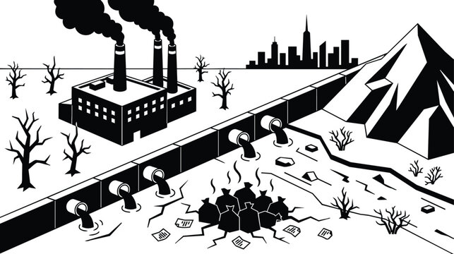 Black and white polluted river with factory smokestacks dead trees and skyline