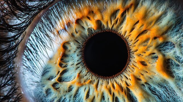Iris texture mapping professional macro photography detailed radial patterns natural color variation blue orange iris surface texture clinical medical artistic standards