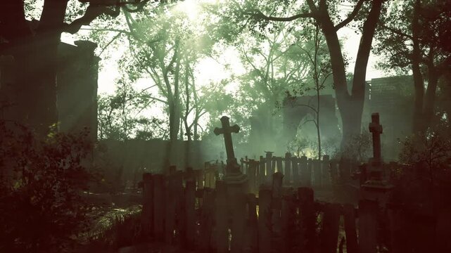 Twilight cemetery under towering tree canopy, deep green tones, elongated silhouettes, dense fog, tilted crosses, overgrown fences, cinematic suspense, sense
