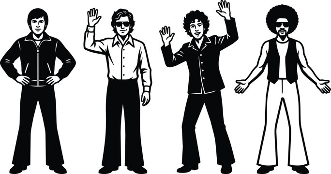 Retro 1970s four men waving with flared trousers and afro silhouette