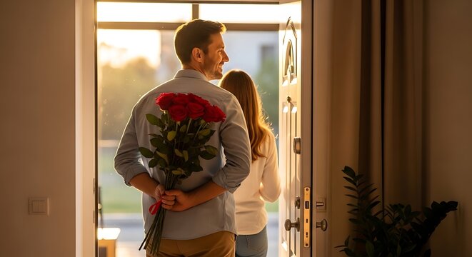 A man holding a bouquet of roses stands behind a woman at an open door