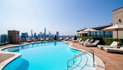Fototapeta premium Luxurious Rooftop Pool with Scenic Urban Skyline Offering Relaxation and Leisure in Modern Outdoor Setting Under Clear Blue Sky