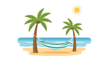 Fototapeta premium A relaxing striped hammock is suspended between two tropical palm trees on a pristine sandy beach overlooking the calm blue ocean under a bright sun.