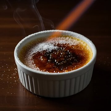 a white ramekin filled with caramelized, bubbly cr&egrave;me br&ucirc;l&eacute;e, being flamb&eacute;ed with a blue and gold blowtorch