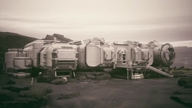 Expanded space station habitat modules on plain, repeated compartments linked by walkways, cargo bays open, logistics crates, heavyduty supports, distant ridge