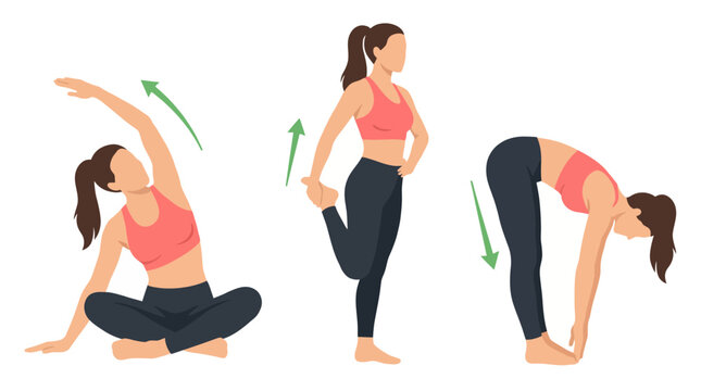 Three women perform various stretches showcasing flexibility and wellness, embodying a commitment to physical health and balance through movement.