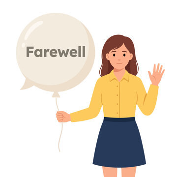 A cheerful woman waves goodbye, holding a balloon with the word 'Farewell' displayed, capturing the essence of goodbyes, warm wishes, and pleasant memories created together.