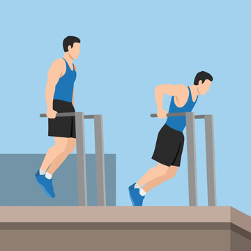 A man engages in strength training by performing dips on parallel bars, showcasing his commitment to fitness and athleticism while enjoying an outdoor workout environment.