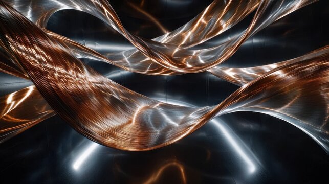 Curved fiber trails with copper and silver light streaks creating flowing abstract patterns in dark industrial environment
