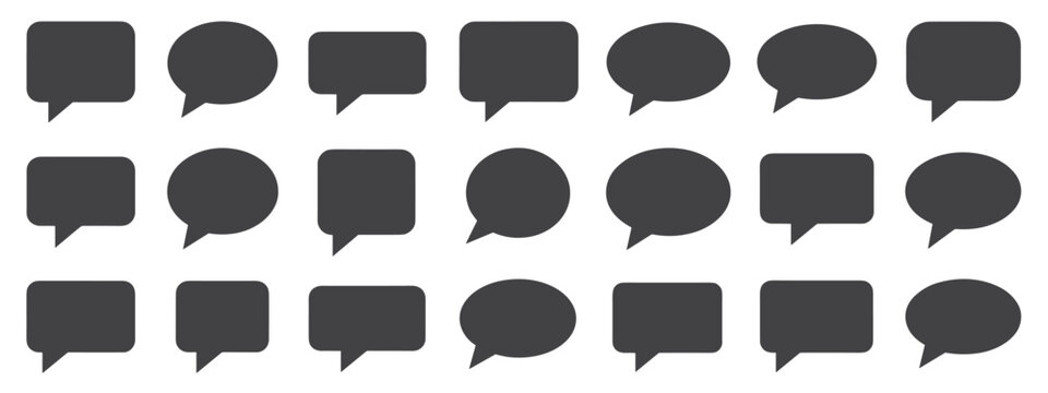 Collection of dark gray speech bubble with rounded corners and pointed tails on a white background chat bubble