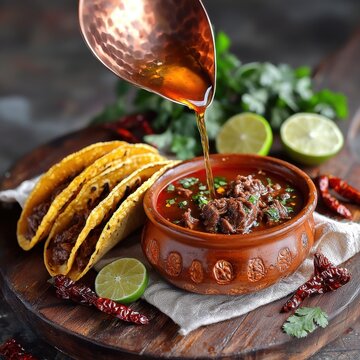 Birria tacos consomme being poured from hammered copper ladle into traditional decorated clay bowl with beef-filled tortillas and lime garnish on rustic wood
