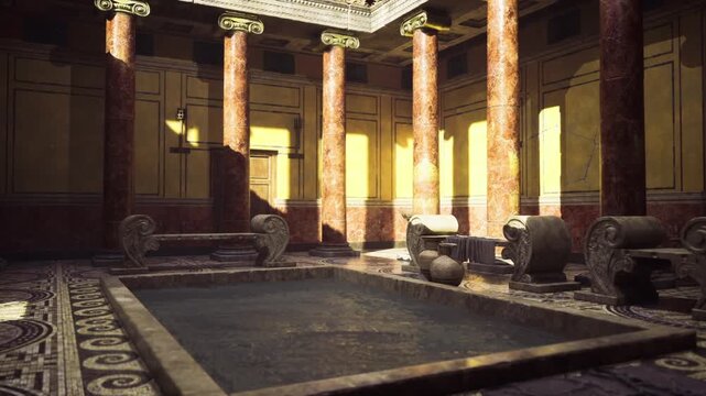 Symmetrical bath pool reflecting column silhouettes and marble surfaces, calm still water mirroring ornate mosaics, balanced geometry and soft diffuse light,
