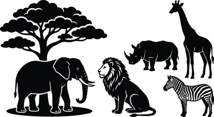Obraz premium Black and white savanna silhouettes elephant lion rhinoceros giraffe zebra with acacia tree