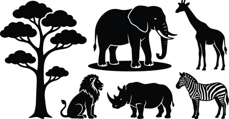 Obraz premium Black and white vector silhouettes of acacia tree elephant giraffe lion rhino and zebra