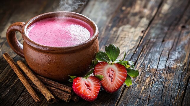 Premium strawberry atole Mexican beverage in handcrafted clay mug with fresh berries and cinnamon sticks on rustic wooden table surface