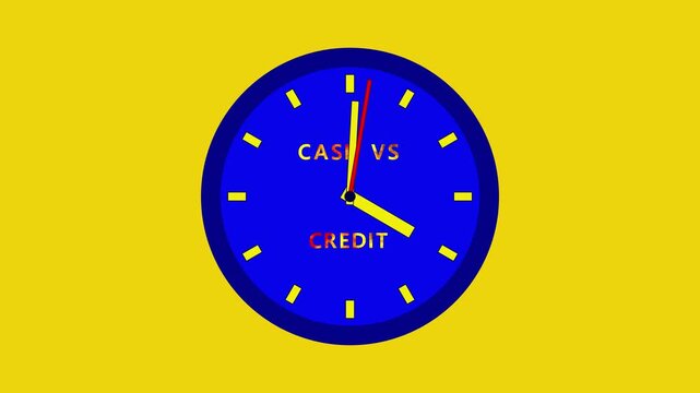 Abstract representation of financial decision making, comparing Cash vs Credit options. A blue clock face with moving hands is centered on a yellow background