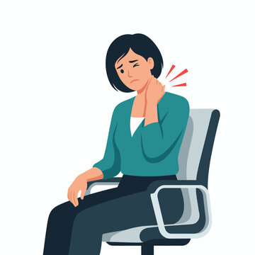 This illustration conveys a woman experiencing neck pain while seated at an office chair, emphasizing the importance of ergonomics, health awareness, and self-care in daily work life.