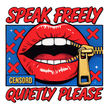 Pop Art Lips with Zipper and &ldquo;Speak Freely&rdquo; Typography &ndash; Censorship and Freedom of Speech Concept Illustration