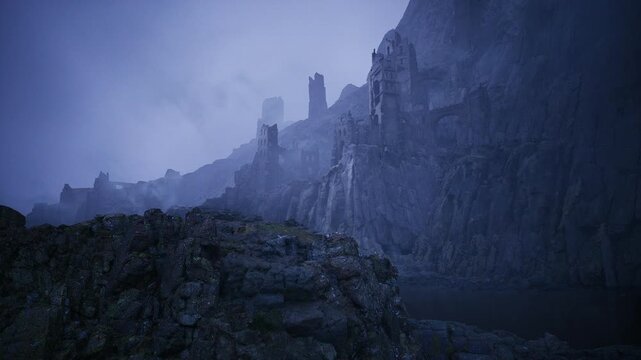 Isolated rampart overlook in cold haze, crumbled parapets above dark waters, layered cliffs and distant towers shrouded in mist, cinematic mood for solitude,
