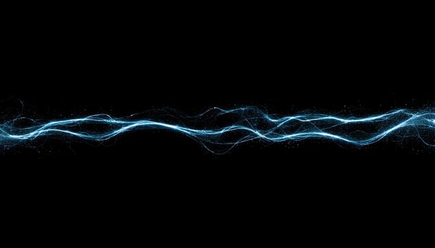 A bright blue wavy light streak stretches across a solid black background with a mesmerizing pattern of glowing threads and particles in a horizontal line