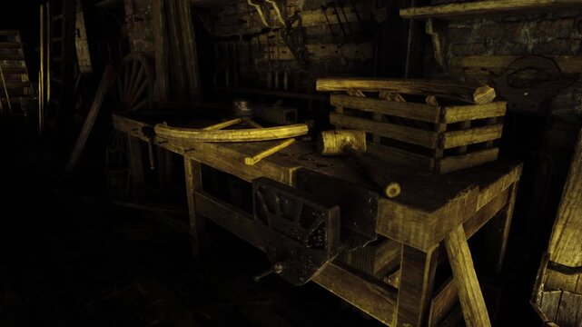 Sunlit artisan carpentry table with toolbox and hand tools arranged, circular saw and planes catching warm beams, wooden floor planks and textured rafters,