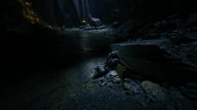 Dim grotto floor lit by scattered warm points, cool ceiling glow mixes with amber specks, damp stones and reflective puddles create otherworldly mood