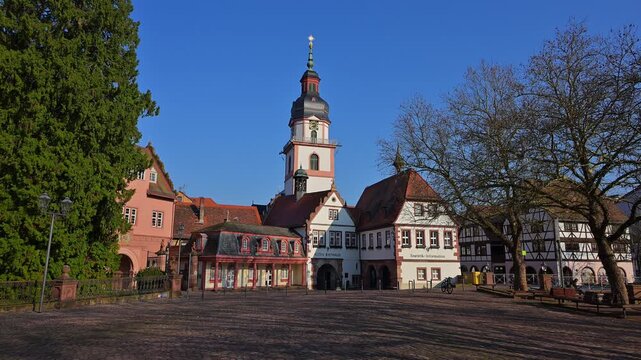 Malerszene eines historischen Platzes mit Turm, umgeben von alten Geb&auml;uden und einer Statue unter klarem Himmel, Marktplatz, Rathaus, Evangelische Stadtkirche, Graf Franz, Erbach, Odenwald, Hessen, De