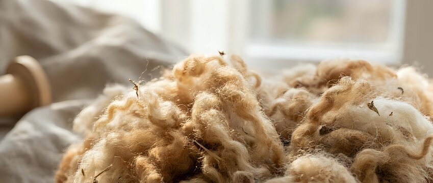 Raw sheep wool fleece with natural lanolin texture showing organic fiber material for textile production and craft projects.