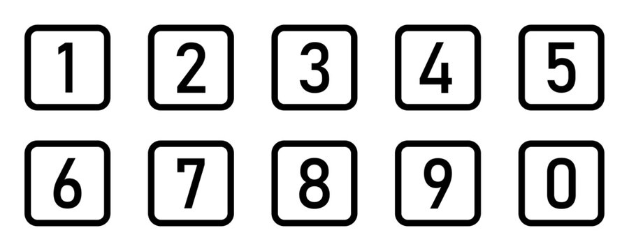 Bullet point icons set with numbers from 0-9 in black rounded square outline. Numeric or numeral typographic set of counting numbers from 0 to 9 for apps, websites and UI isolated on white background