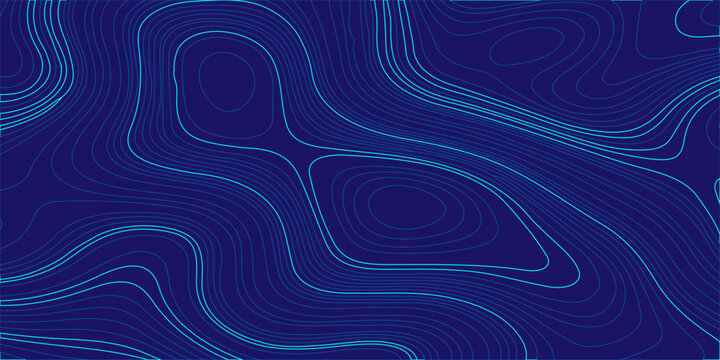 Blue Topographic Map Background with Organic Abstract Contour Lines. Minimalist Vector Pattern for Web Design. Digital abstraction of  blue motion wave with light spiral circles, fractal vortex design