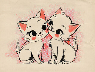 1950s vintage Valentines Day card illustration featuring two cartoon kittens in love, soft pastel pink and red color palette, bold black ink outlines, classic halftone dot shading, mid - AI-Generated