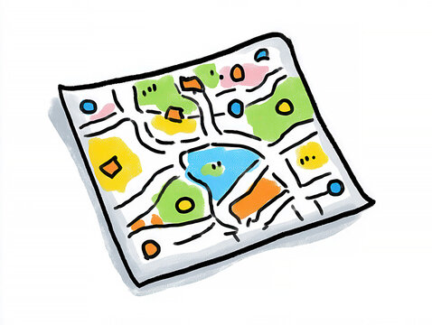 A flat, hand-drawn map illustration in childlike doodle style with colorful shapes and simple lines representing geographical features The two-dimensional artwork stands out against a - AI-Generated
