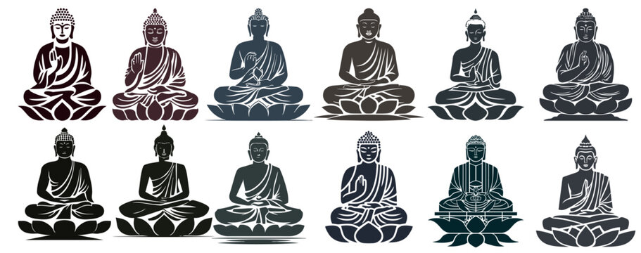 Buddha statue silhouette collection with various mudras, lotus meditation icons set, oriental religious symbols for logo design, spiritual zen yoga wellness vector elements.