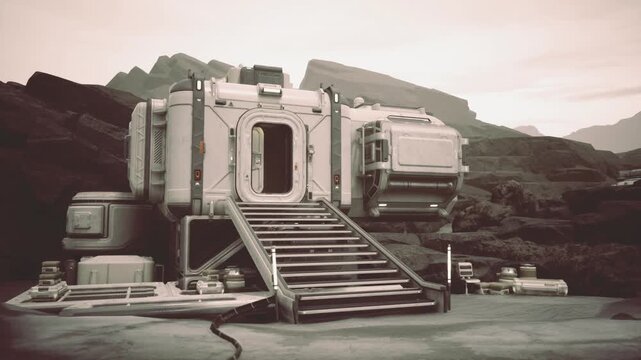 Emergency refuge module after coastal storm, waterlogged platform, damaged cables, makeshift repairs, scattered supplies, resilient survival mood
