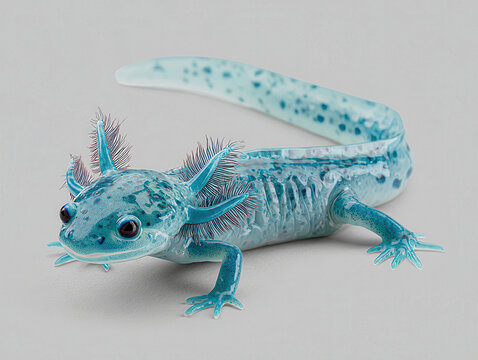 Close-up of a vibrant blue, translucent salamander with feather-like gills and webbed feet, set against a neutral grey background The creature exhibits smooth skin with iridescence, su - AI-Generated