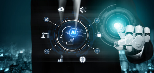 Fototapeta premium Generative AI assistant displays its global ecosystem. etwork demonstrates integrated applications in automation, data analysis, and security, all powered by a central digital intelligence. Fermion