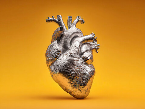 Silver-colored, platinum metal005B95 heart sculpture on a yellow and orange gradient backdrop Central composition with cinematic lighting Hyperrealistic depiction of anatomically acc - AI-Generated