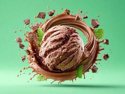 Chocolate ice cream, dark brown, creamy texture, chocolate chunks, frozen solid, circular splash and swirl, soft edges, micro-crystals, matte surface, fast freeze frame style, green chr - AI-Generated