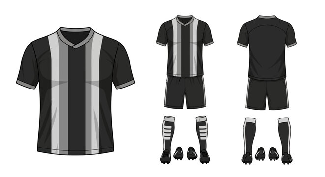 Modern sportswear design featuring black and white soccer kit with striped pattern