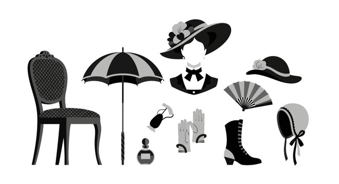 Vintage fashion elements: accessories from the edwardian era in monochrome design