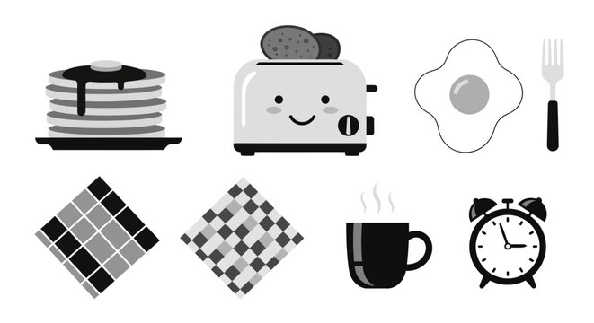 Monochrome breakfast icons featuring pancakes, toaster, egg, coffee, and alarm clock