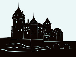 A dark silhouette of a medieval castle and a bridge over a river. Vector illustration in a simple cartoon style for a medieval fairytale-inspired design. © Сергей Вербовский
