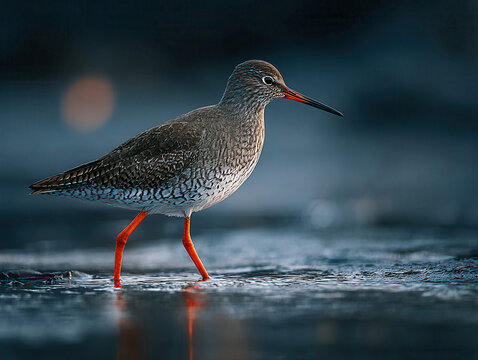 Photograph of a Common Redshank in motion on ice, captured with cinematic quality and balanced composition using a 200mm telephoto lens The muted brown-gray bird blends with the backgr - AI-Generated