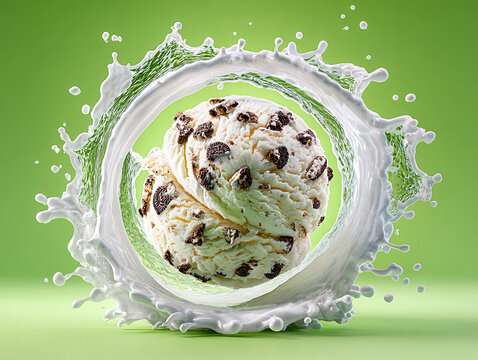Close-up image of two scoops of cookies and cream ice cream on a green chroma key background The ice cream is creamy white, speckled with dark chocolate chips A light beige milk splas - AI-Generated