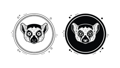 Lemur head portrait within circular decorative frame in linear and solid black icon style for wildlife and nature conservation branding isolated on a clean professional white background for design © Eastern
