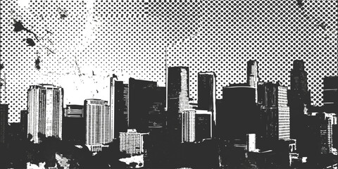 Black and white halftone city skyline silhouette vector illustration with retro comic style © ZenVectors