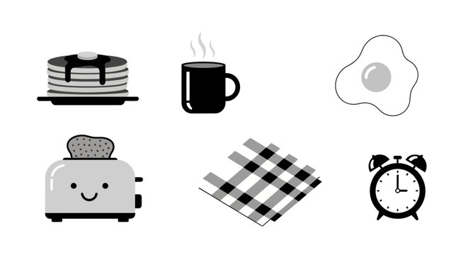 Minimalist breakfast icons: pancakes, coffee, egg, toaster, napkin, clock