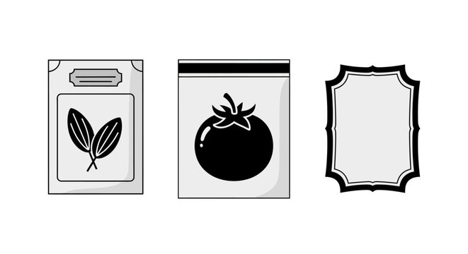 Minimalist seed and vegetable packaging icons on white background