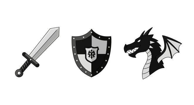 Medieval combat symbols featuring sword, shield, and dragon head design