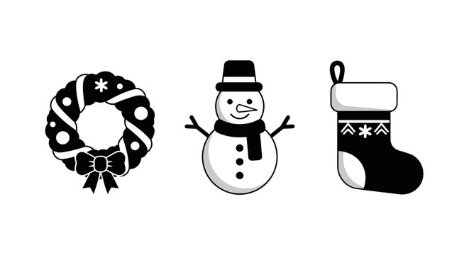 Festive black and white christmas wreath, snowman, and stocking in minimalist style